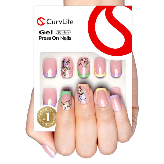 Curvlife Press on Nails Acrylic Fake Nails with Rainbow Flower French Design Full Cover False Nails Reusable Nail Kit with Glue on Nails Tips