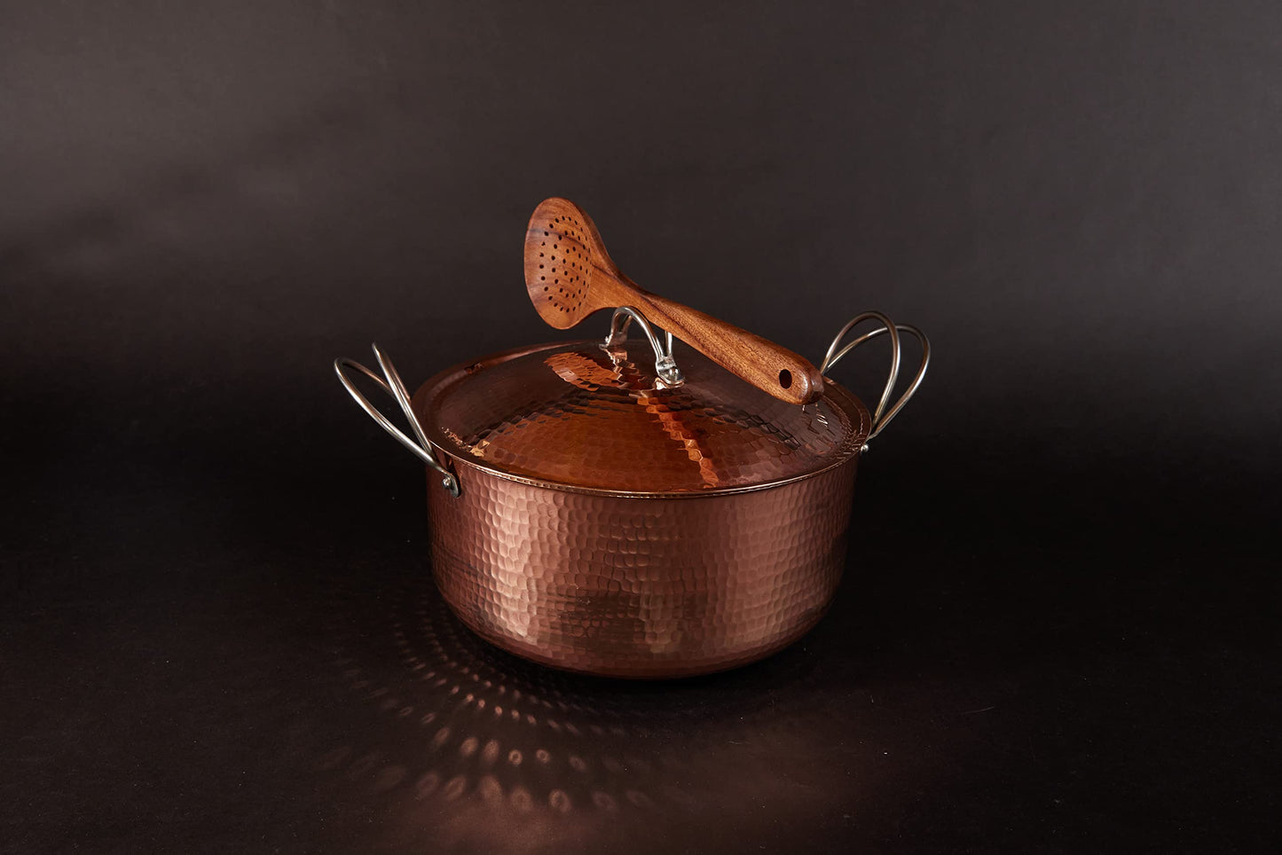 Sertodo Copper Dutch Oven | 12 in Diameter x 6 in Tall| Big and Beautiful | 11.5 Quart Capacity | Patented Stainless Steel Handle System | 100% Solid Copper, Heavy Gauge, Hand Hammered