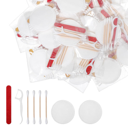 100 Pack Wedding Bathroom Basket Supplies Essentials for Guests - Travel Cleaning Kit for Hotels with Bamboo Cotton Swabs, Nail File, Makeup Pads, Dental Floss
