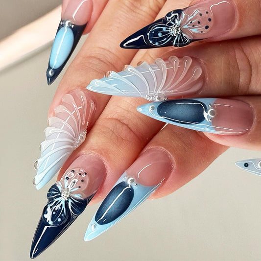 Blue French Tips Press On 3D Curve Line Stick On Long Stiletto 3D Flower Acrylic Fake Nails - 24 Pcs Glossy Blue Gradient False Pearl Gel Glue On for Women Girls