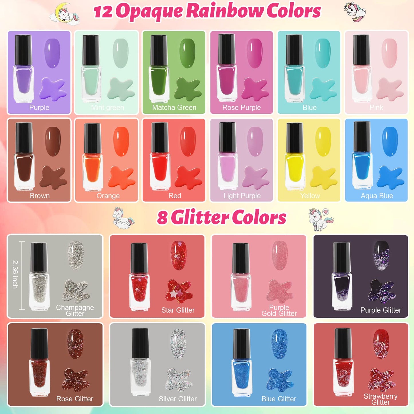 Oisacirg Kids Nail Polish Set for Girls, 25pcs Non-Toxic Peel-Off Water-Based Nail Polish, Glittery and Opaque Christmas Birthday Gifts Toddlers Kids Girls Toys