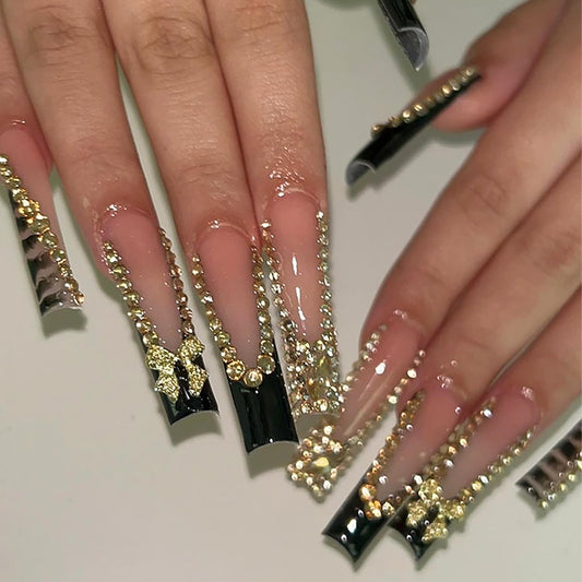 FIEONCIY Press on Nails Long Coffin Shaped Acrylic Glossy Full Cover Long Square French False Nails with Designs Artificial Extra Long Fake Nails with Charms Glue ons Fingernails for Women(XL10277)