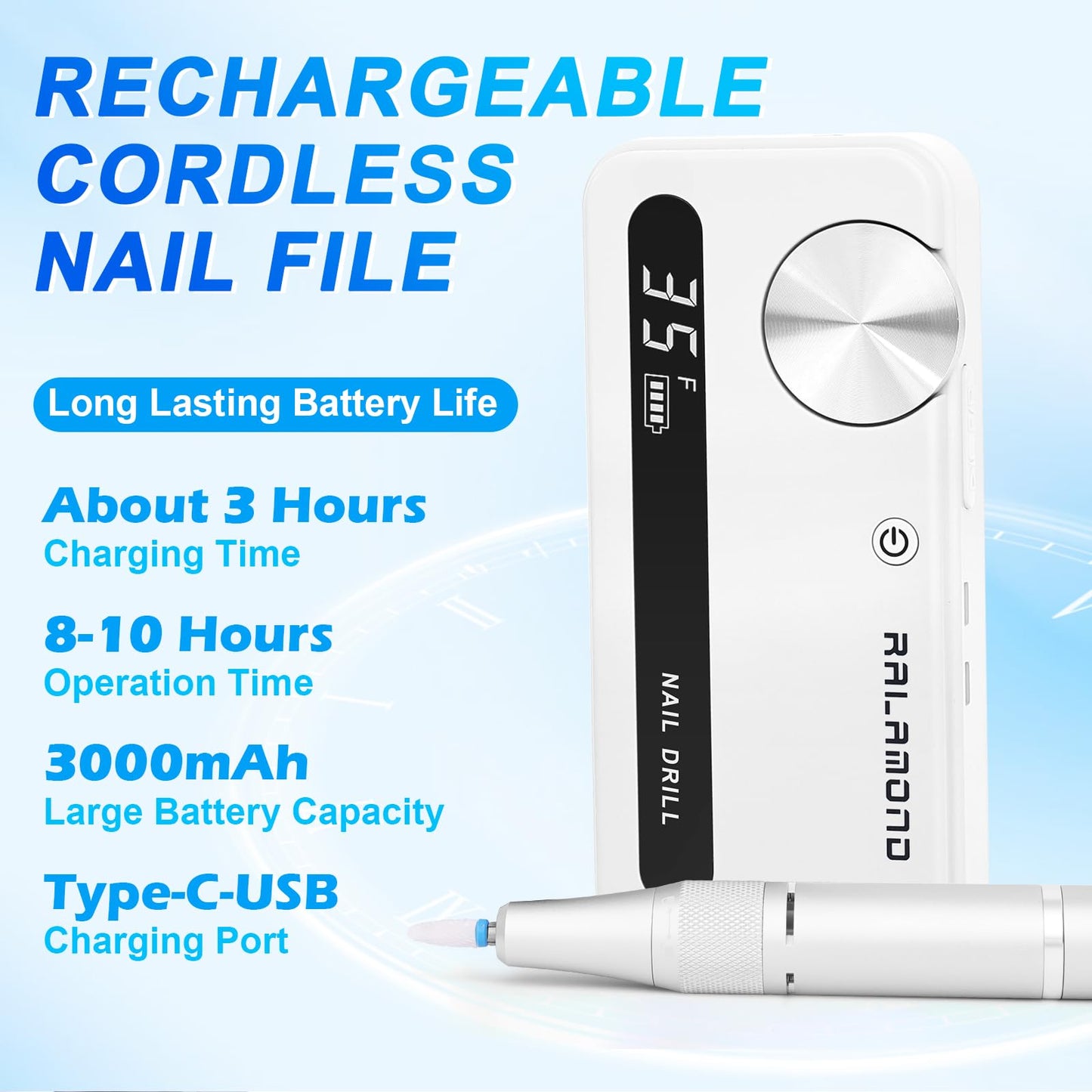 RALAMOND Professional Nail Drill, 35000RPM Electric Nail File, Rechargeable Cordless Machine, Nail Drill Kit with Bits, Portable Electric Nail Filer Manicure Pedicure (White)