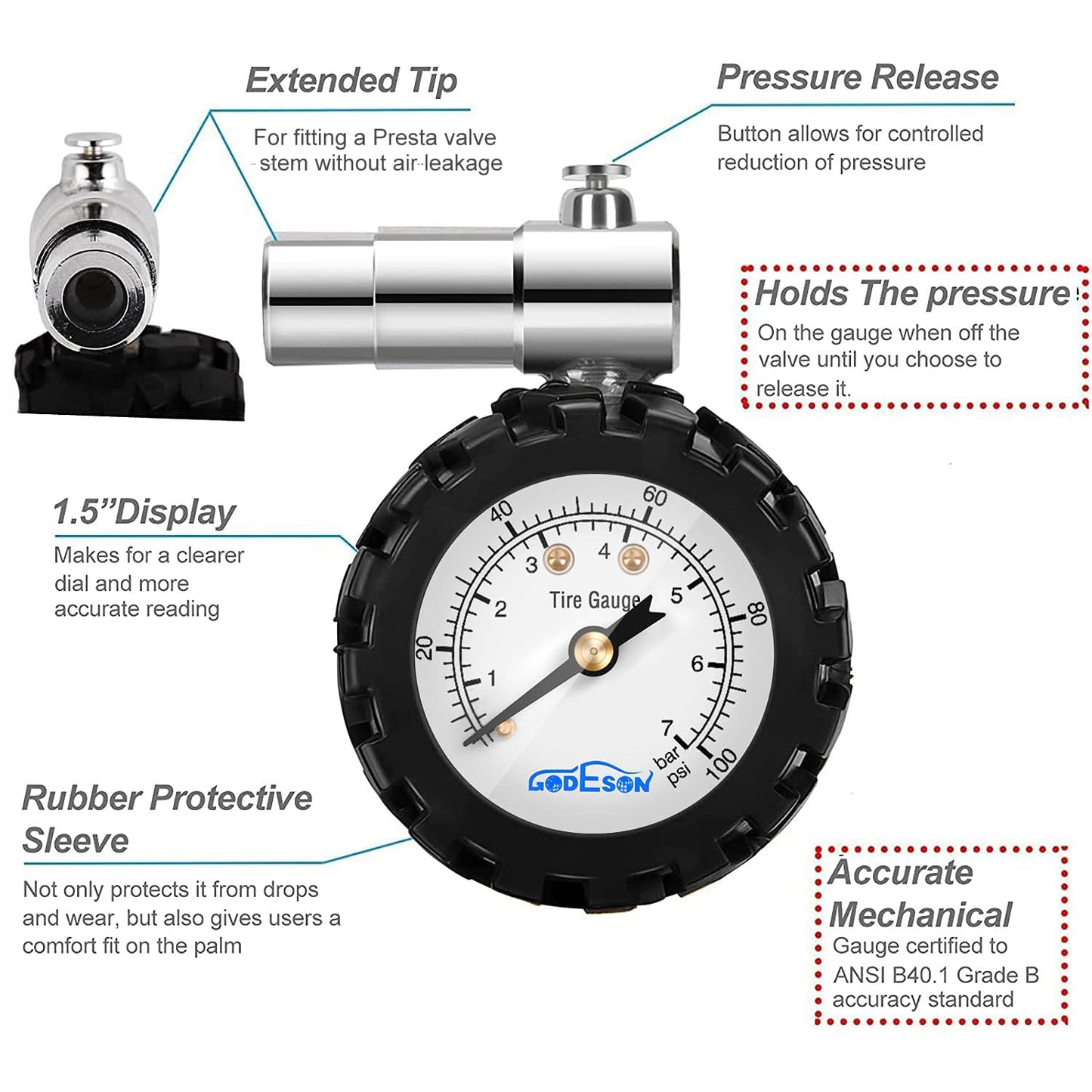 Presta Valve Gauge, GODESON Analog Presta Valve Bicycle Tire Pressure Gauge,100PSI/7Bar, Suitbale for Hybrid Bike Tire Inflation Range