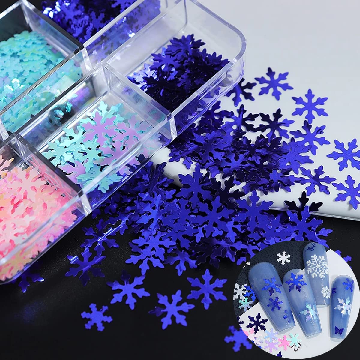 Christmas Nail Art Stickers Decals - 6 Grids Blue Snowflake Glitter Sequins - Xmas Snow flakes Nail Art Decoration for Nails Pink Snowflakes Winter Christmas Nail Supplies for Professional Accessories
