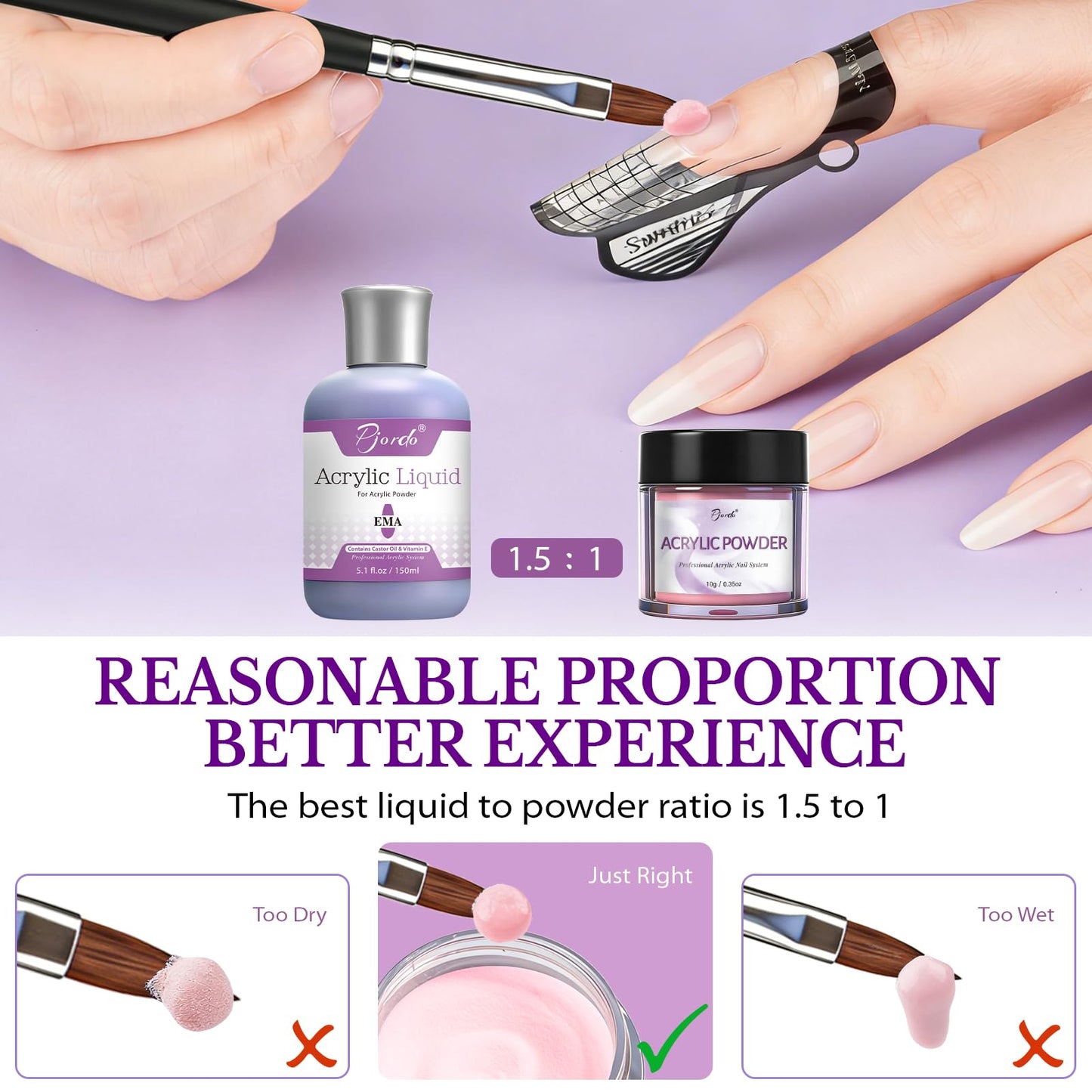 Pjordo Acrylic Nail Kit, 5.1fl. oz Acrylic Liquid with 3 Sizes Nail Brush, Files, Forms & 4 Powders for Nail Extension, Not Easily Yellowed Acrylic Nail Kit for Beginners & Salon DIY Home Nail Art