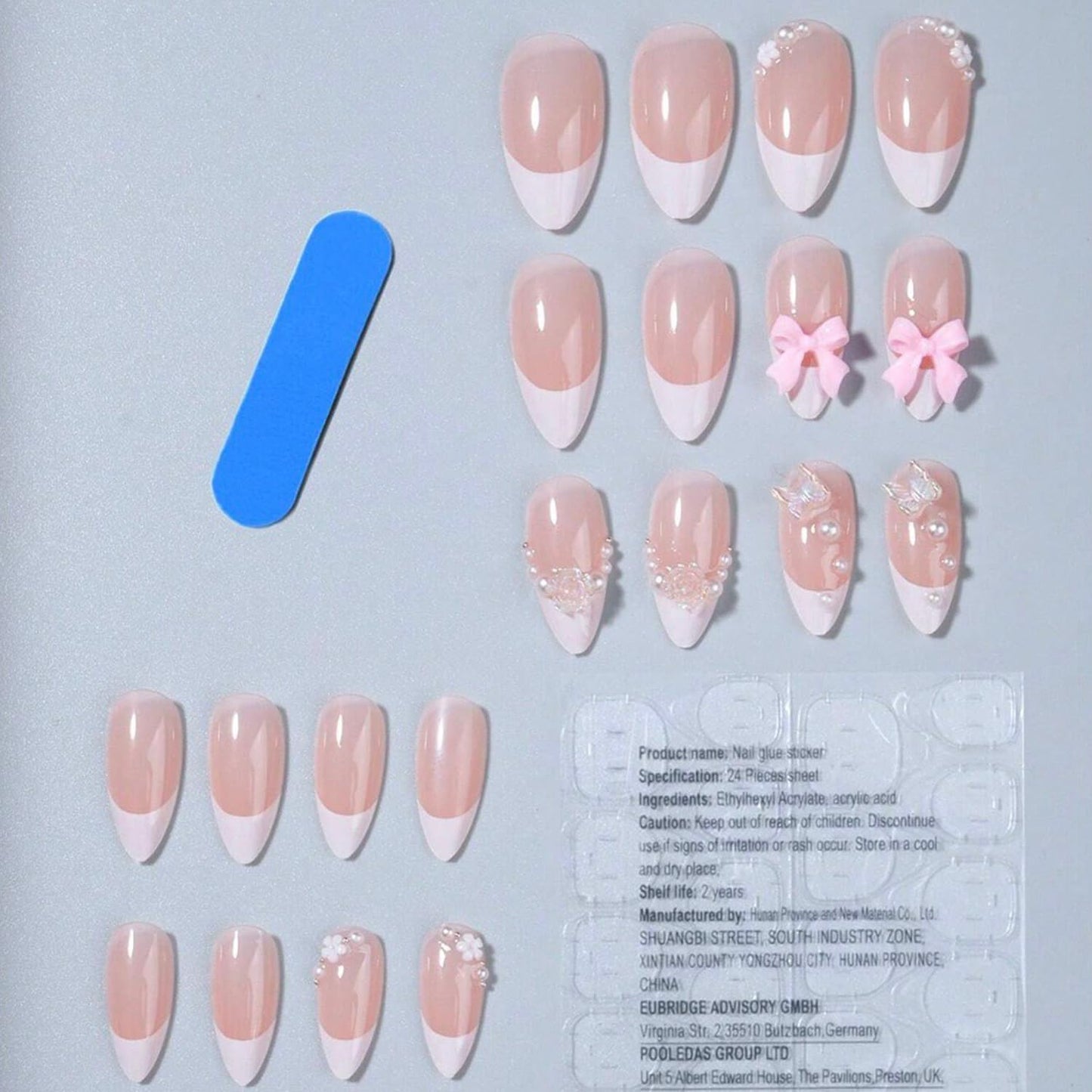 24Pcs French Tip Press on Nails Fake Nails with Aurora Butterfly Flowers Tulip Charms Designs False Nails Cute Press ons Pink Bow Stick on Nails Glossy Nude Acrylic Nails Glue on for Women Manicure