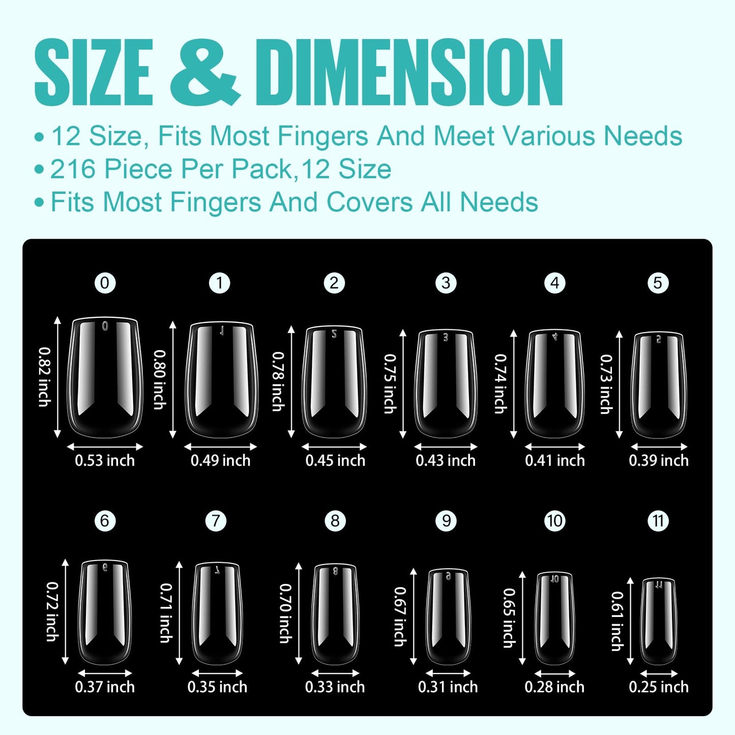 TOMICCA Fake Clear Nails, Short Square False Nail Tips, 216Pcs Nail Extension Tips for DIY Salon Gift 12Size