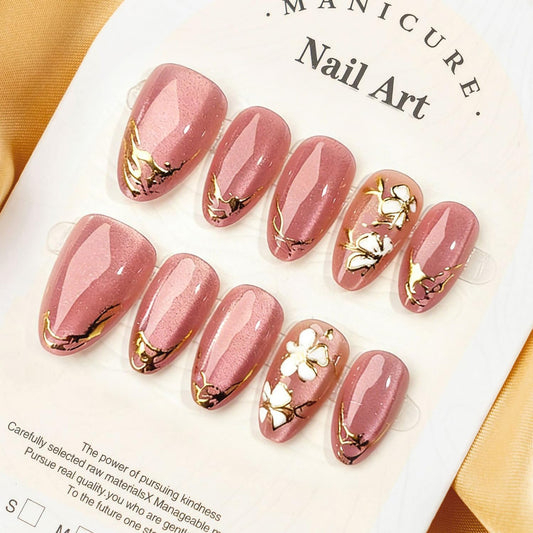 30Pcs Pink Glitter Press On Nails Almond Medium Fake Nails With Irregular Gold French Line Design Nail Press Ons Flower False Nails Glossy Spring Glue On Nails For Women Girls
