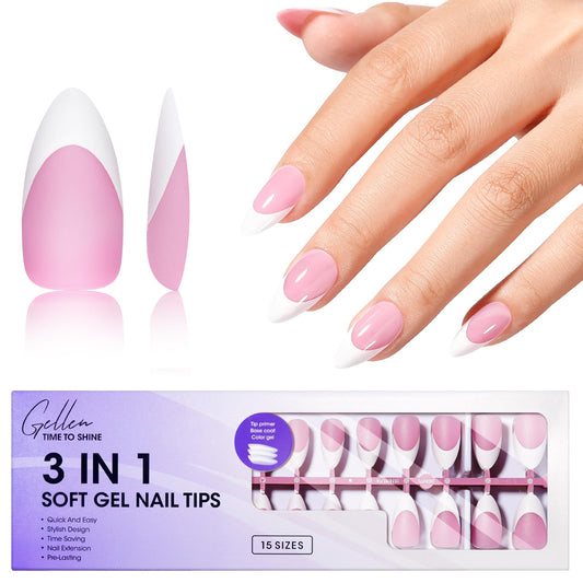 Gellen Almond French Tip Press on Nails Pink, 3 in 1 Soft Gel Nail Tips, Pre-colored Press on Nails Medium Almond Fake Nails with White Tips, Nail Extension Gel Nails Tips