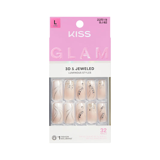 Kiss Glam, Press On Nails, Nail glue included, 'Wrapped in Beauty', Pink, Long Size, Square Shape, Includes 32 Nails, 2g Glue, 1 Manicure Stick, 1 Mini File