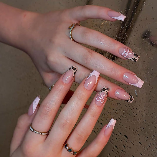 Vopintpy Leopard Print French Tip Press on Nails Long Square Fake Nails with Design Glossy Acrylic Glue on Nail Reusable Full Cover Artificial Stick on Nail for Women DIY Manicure