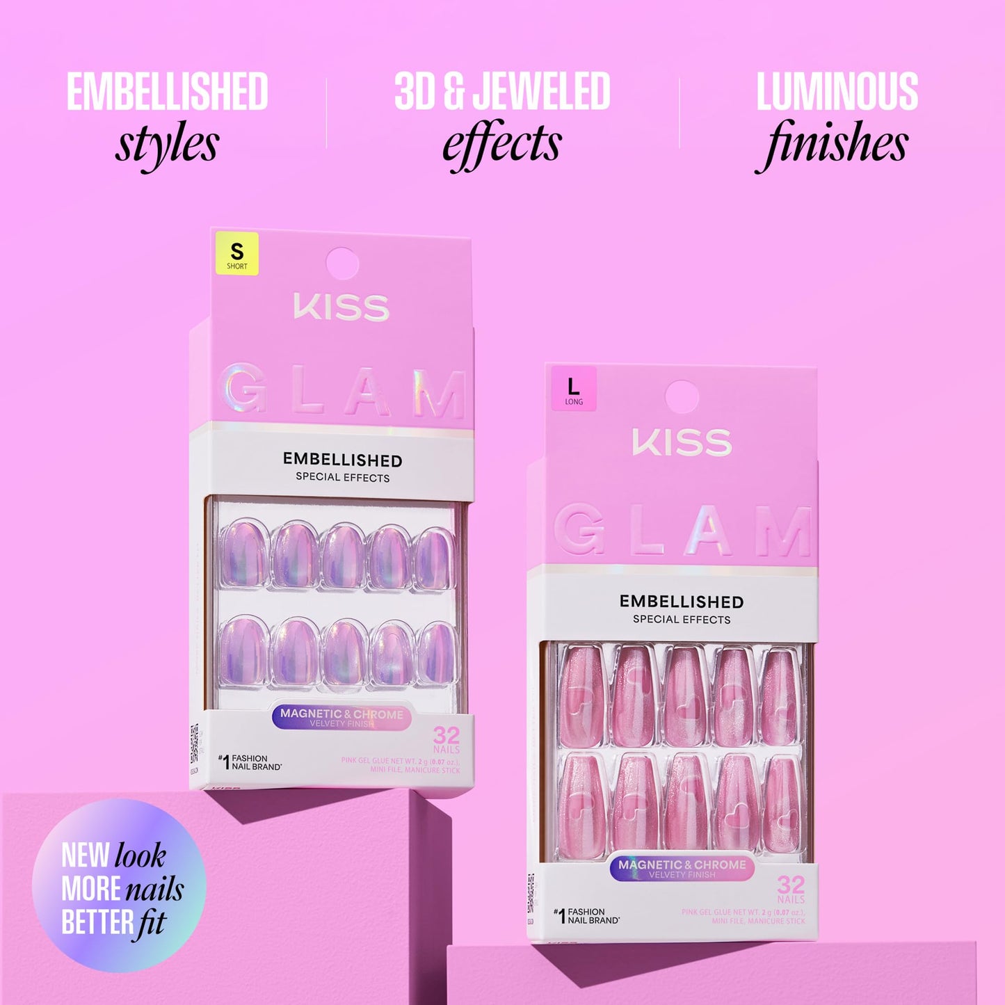 Kiss Glam, Press On Nails, Nail glue included, 'Stardust Wonder', Pink, Medium Size, Almond Shape, Includes 32 Nails, 2g Glue, 1 Manicure Stick, 1 Mini File