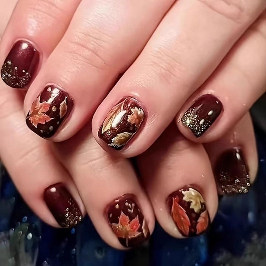 Fall Press on Nails Short Square Fake Nails Maple Leaves design Stick on Full Cover Red Brown Thanksgiving False Nails Gold Glitter Acrylic Artificial Nail for Women Girls Autumn Nail Accessories24pcs