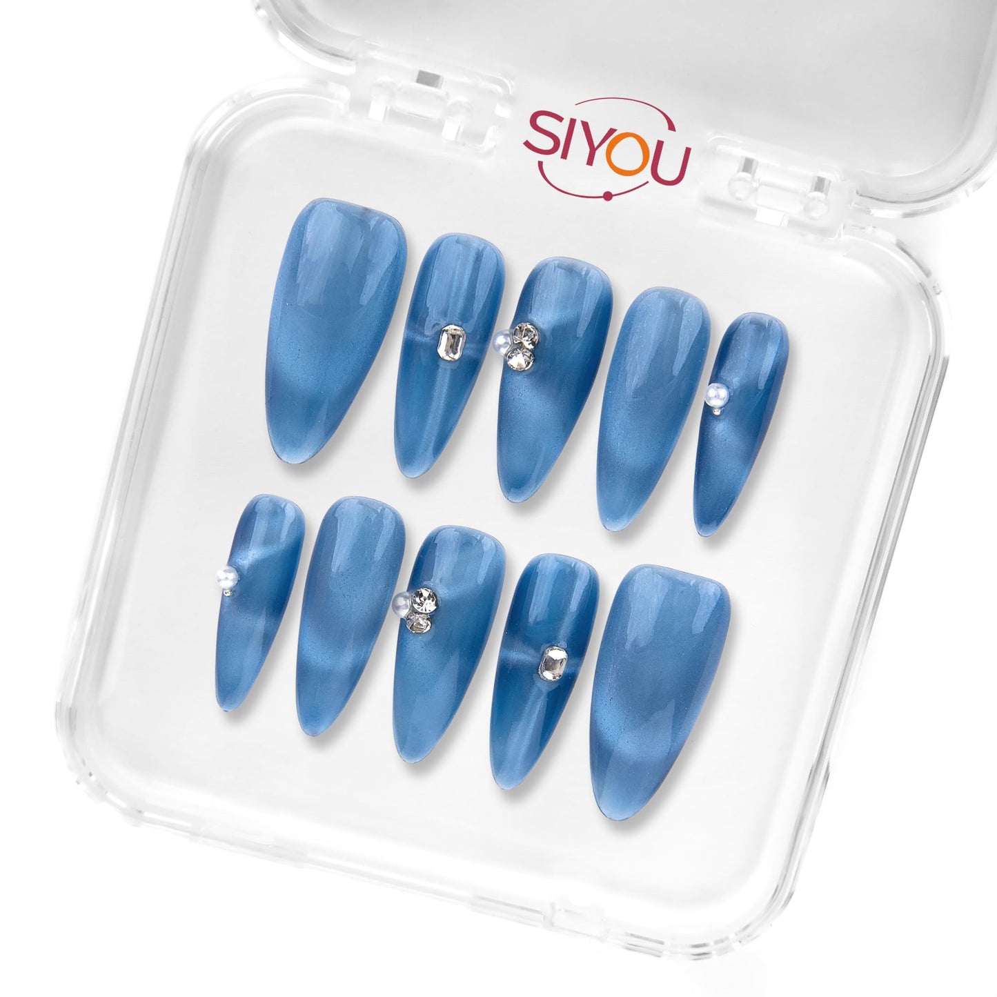 SIYOU Beauty | Pearl Of The Sea | Light Blue Pearl Long Almond Press On Nails for Women (Large) - Reusable, Salon-Quality Fake Nails (10pc)