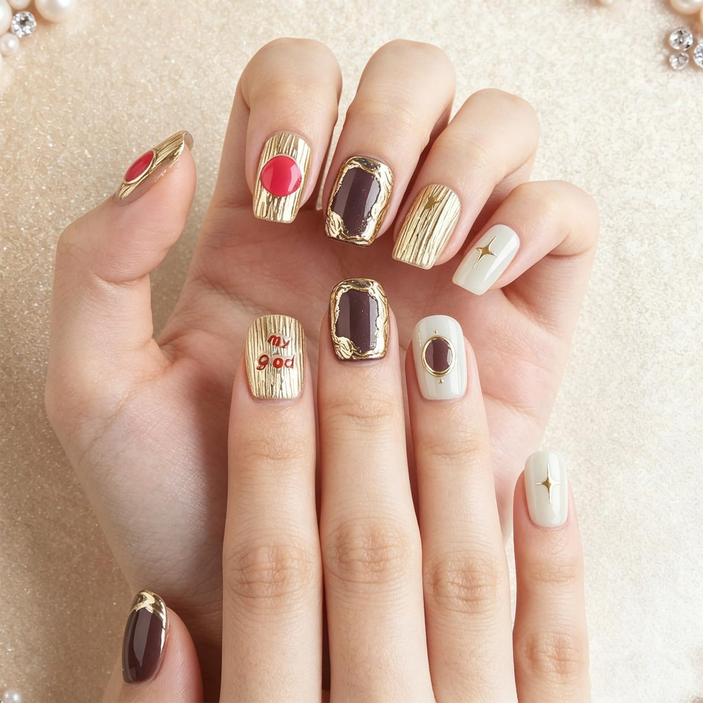 Luxury Gold Foil Press on Nails with 3D Gem Textured Design Glossy Brown Fake Nail Stars Short Square False Nails Summer Stick on Nail Starry Sky Glue on Artificial Fingernails for Women Daily Wear