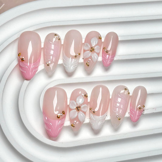 CTTHNBD Medium Press on Nails Almond - Handmade Fake Nails with Flower Design - Spring, French Tip False Nails - for Women (Size S)