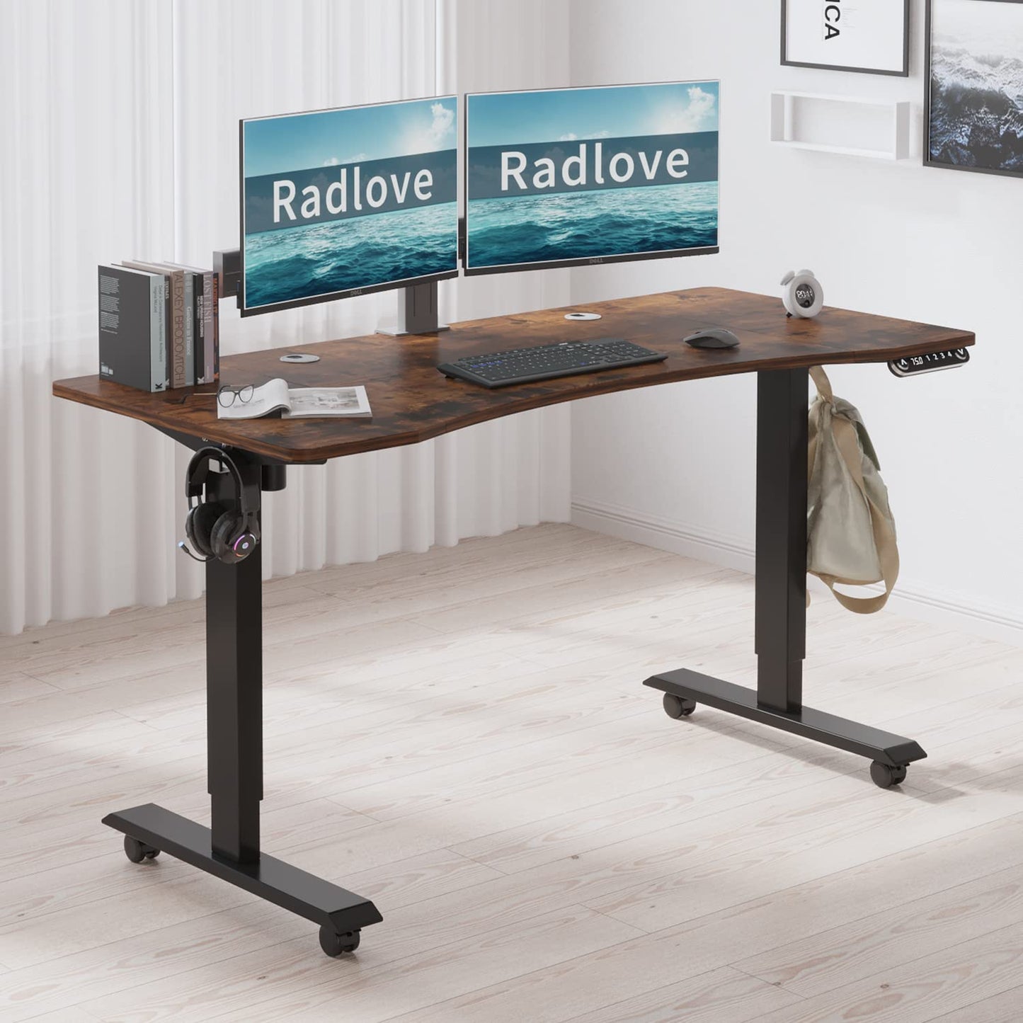 Radlove Electric Height Adjustable Standing Desk, 55'' x 30'' Stand Up Desk Workstation, Splice Board Home Office Computer Standing Table Height Adjustable Computer Desk Rustic Brown Top+Black Frame