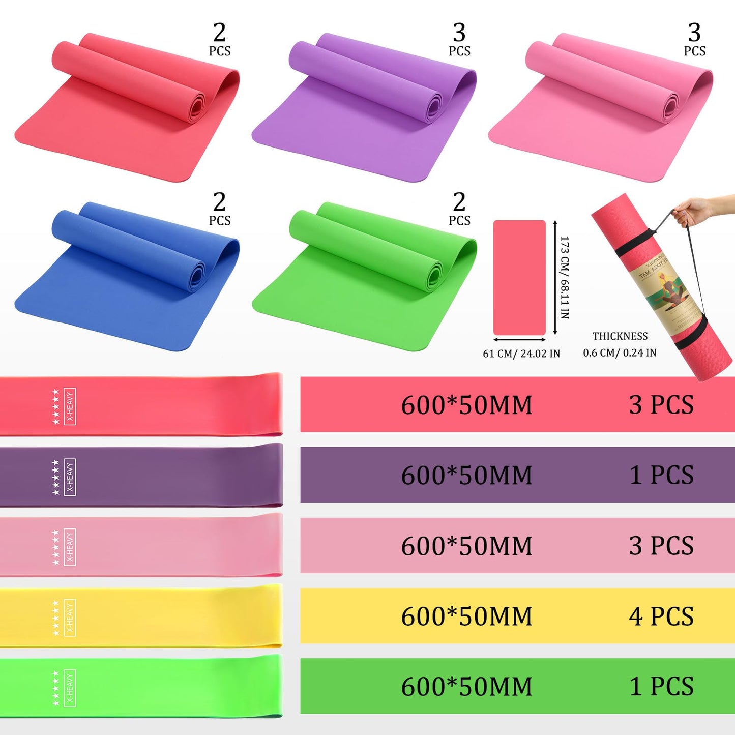 Hoolerry 36 Pieces Yoga Mats Sets Includes 12 Pcs Yoga Mats Bulk 68” x 24” x 6mm Thick Exercise Mat Non Slip 12 Resistance Bands 12 Carrying Straps for Women Girls for Gym Pilates(Bright Colors)