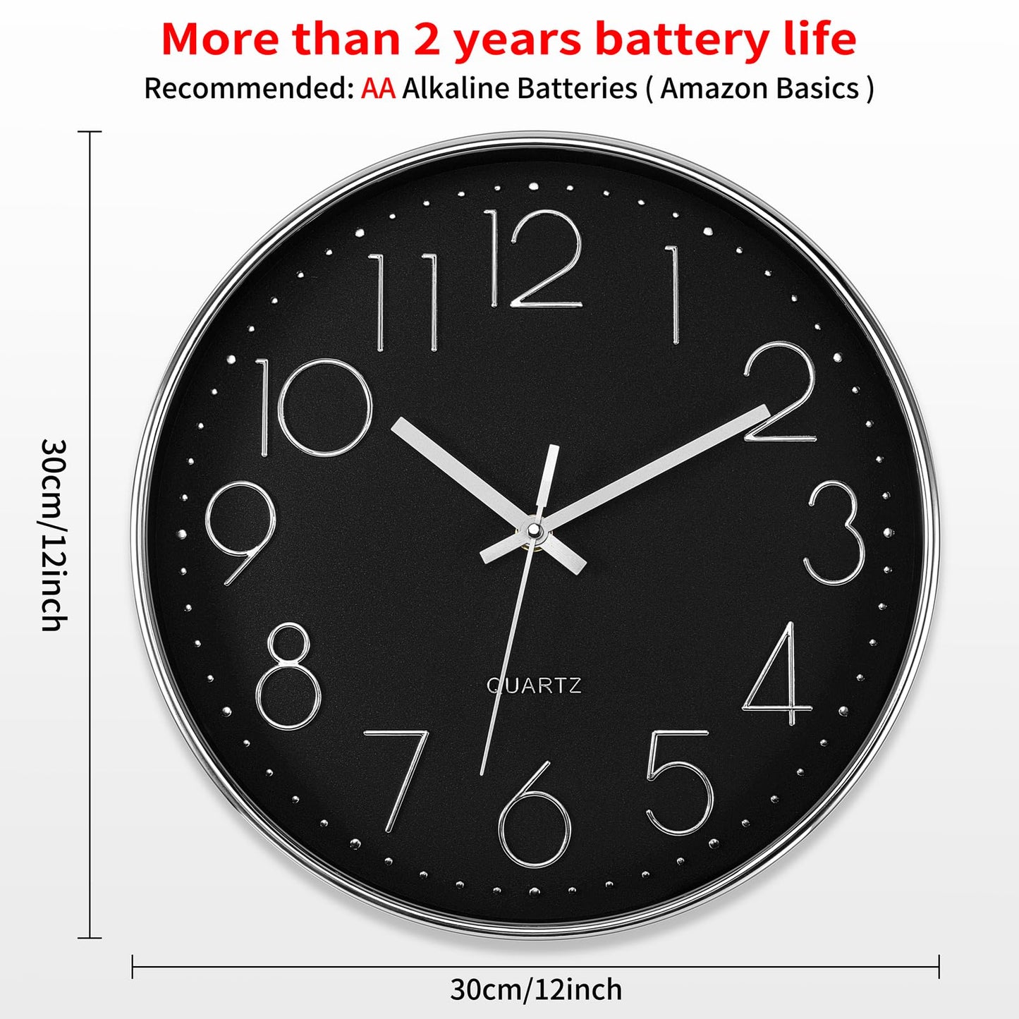 Foxtop Silver Wall Clock Silent Non-Ticking Battery Operated Round Modern Wall Clock for Office School Home Living Room Bedroom Bathroom Kitchen Decor (12 Inch, Black Dial)