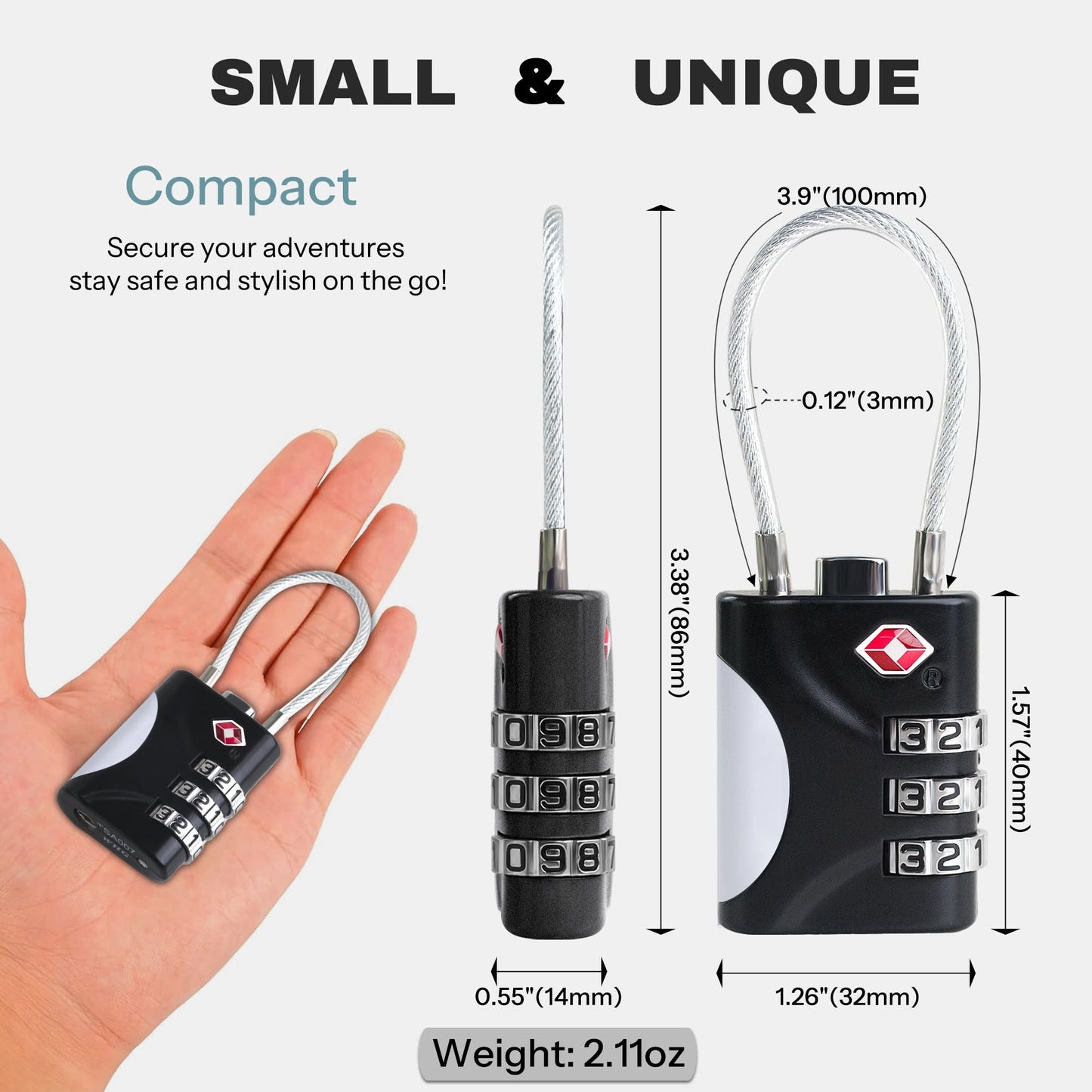 UP Security TSA Approved Luggage Locks - Small Combo Travel Padlock with Cable, TSA 007 Suitcase & Backpack Security, Durable & Easy to Use (Black+Black)