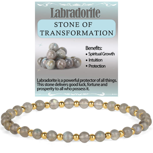 QOGIR Labradorite - Stone of Transformation - 14K Gold Plated Beads Natural Gemstone Stretch Elastic Dainty Healing Beaded Bracelets Gifts 4mm