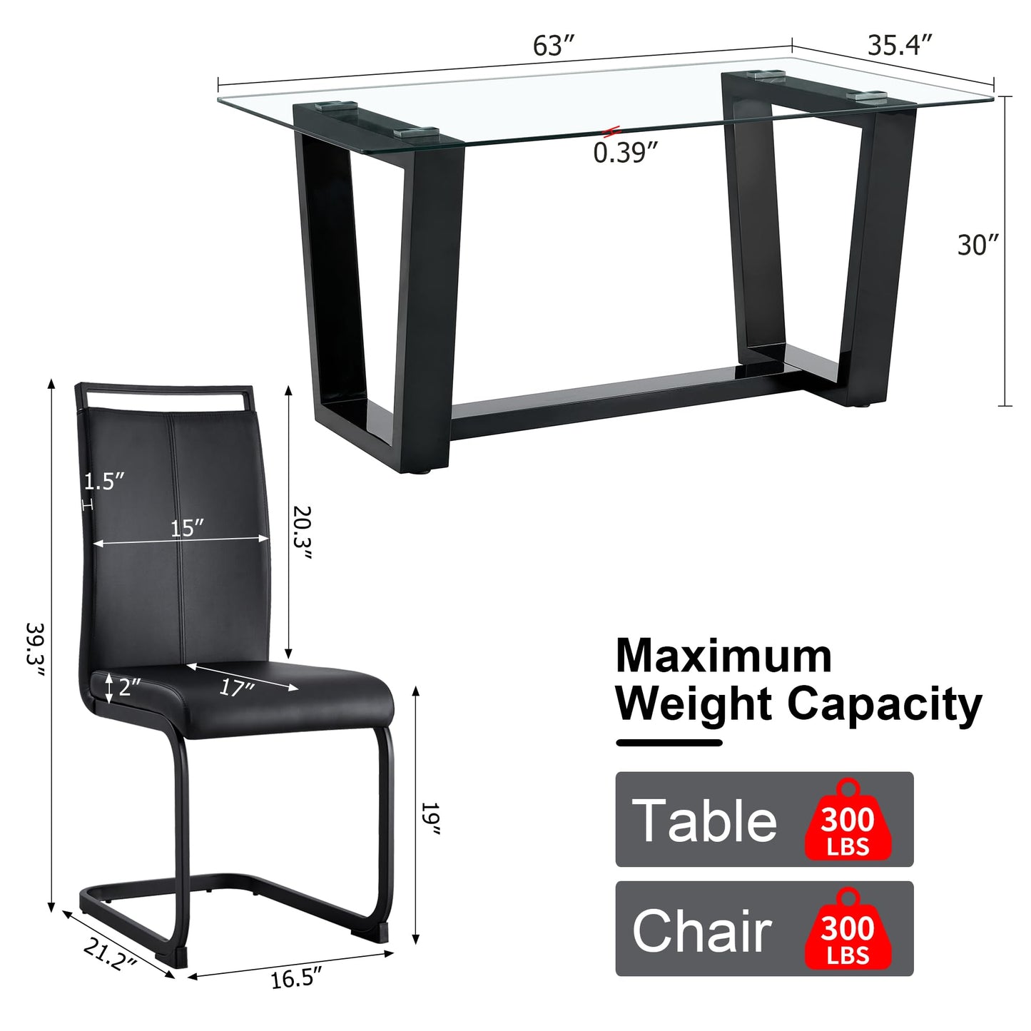 Ebullient Glass Dining Table Set for 4, Modern Dining Table Set for 4, Tempered Glass Tabletop with Black MDF Trapezoid Legs, Rectangle Kitchen Table with 4 Faux Leather Chairs for Home, Apartment