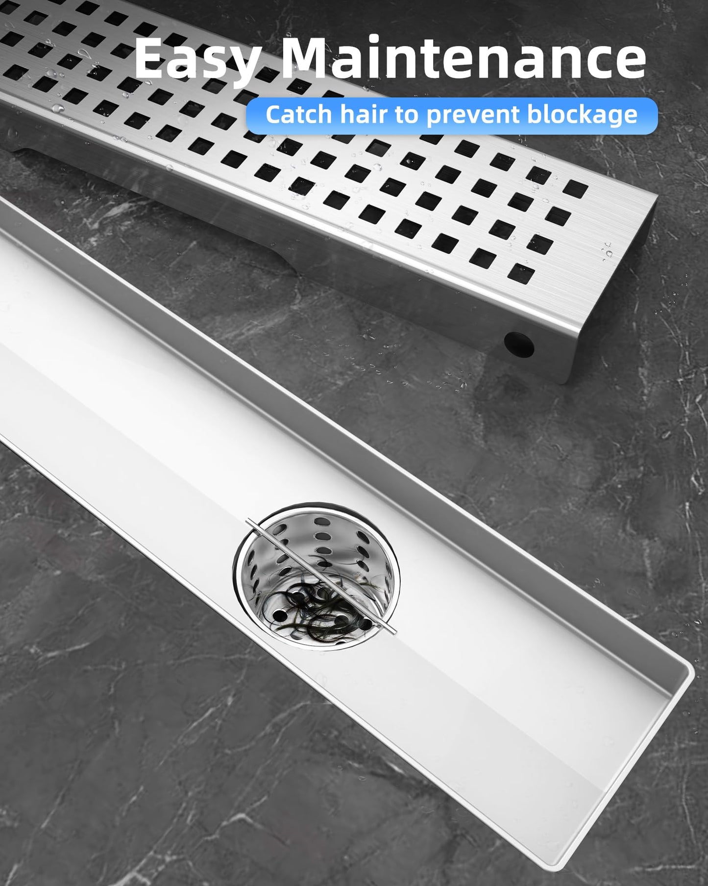 HTOH Shower Drain Offset Outlet for Bathroom: 48-Inch Brushed Nickel Linear Shower Drain with Removable Grate - 304 Stainless Steel Shower Floor Drain Side Outlet with Hair Catcher, Adjustable Feet