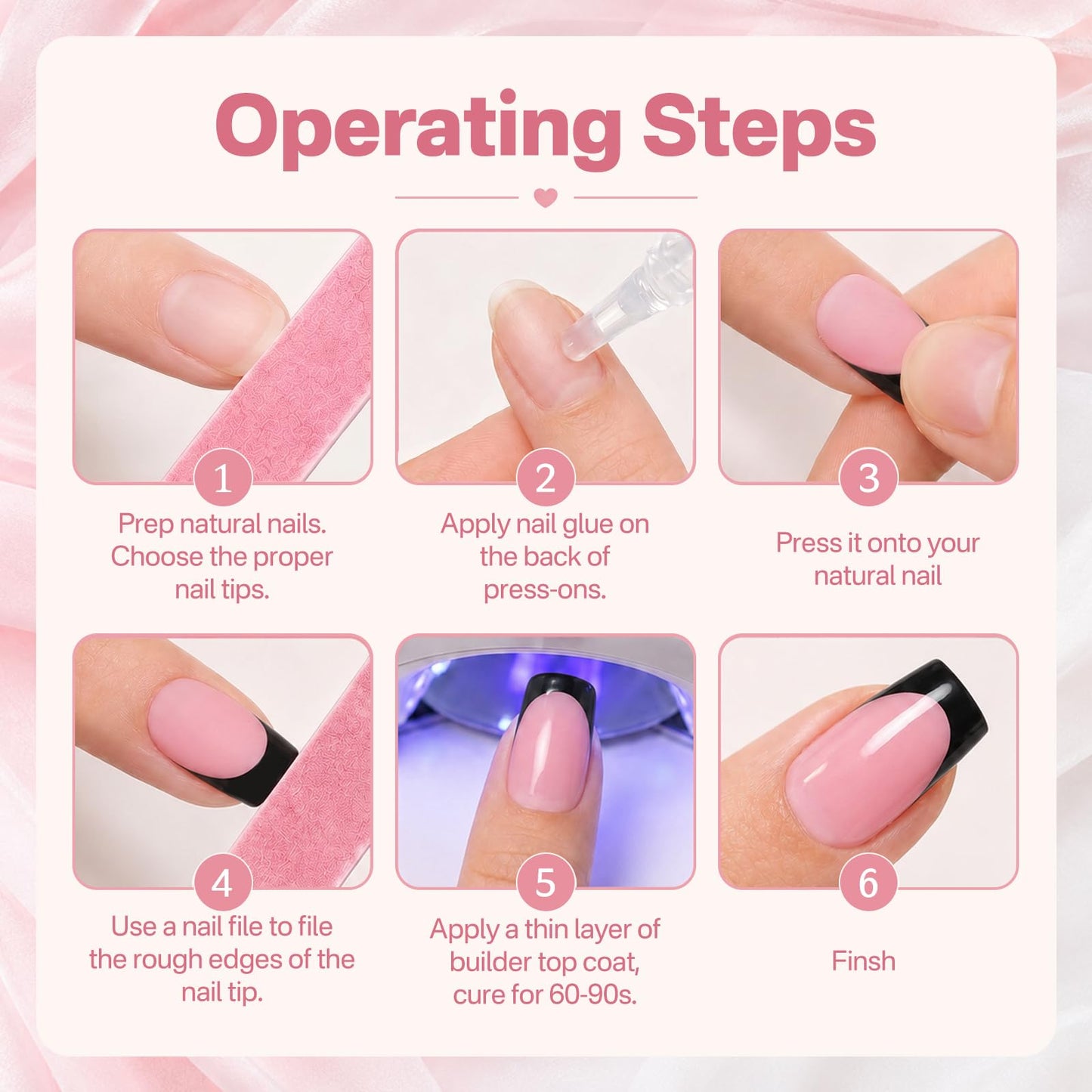 SIUSIO 60Pcs Black French Tip Press on Nails Toenails Set, Medium Square Pink French Fake Nail Short False Acrylic Toe Nail Press ons Full Cover Salon Nail Art French Manicure Kit for Women