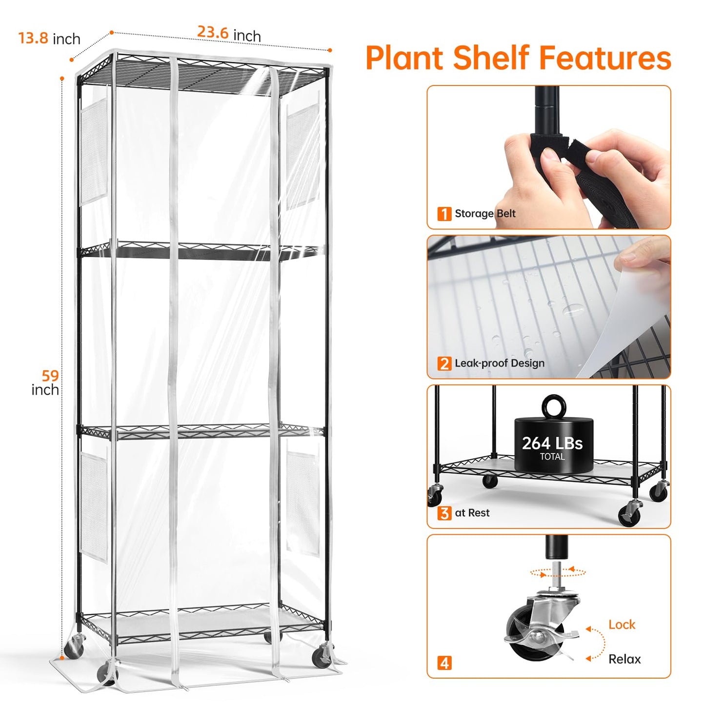 Bstrip Indoor Greenhouse with Grow Light, 23.5"x13.8"x59" Portable Metal Greenhouse Shelves with T8 2FT Full Spectrum Grow Light & Timer, Adjustable Plant Stand for Indoor Plant, Spring Seed Starting