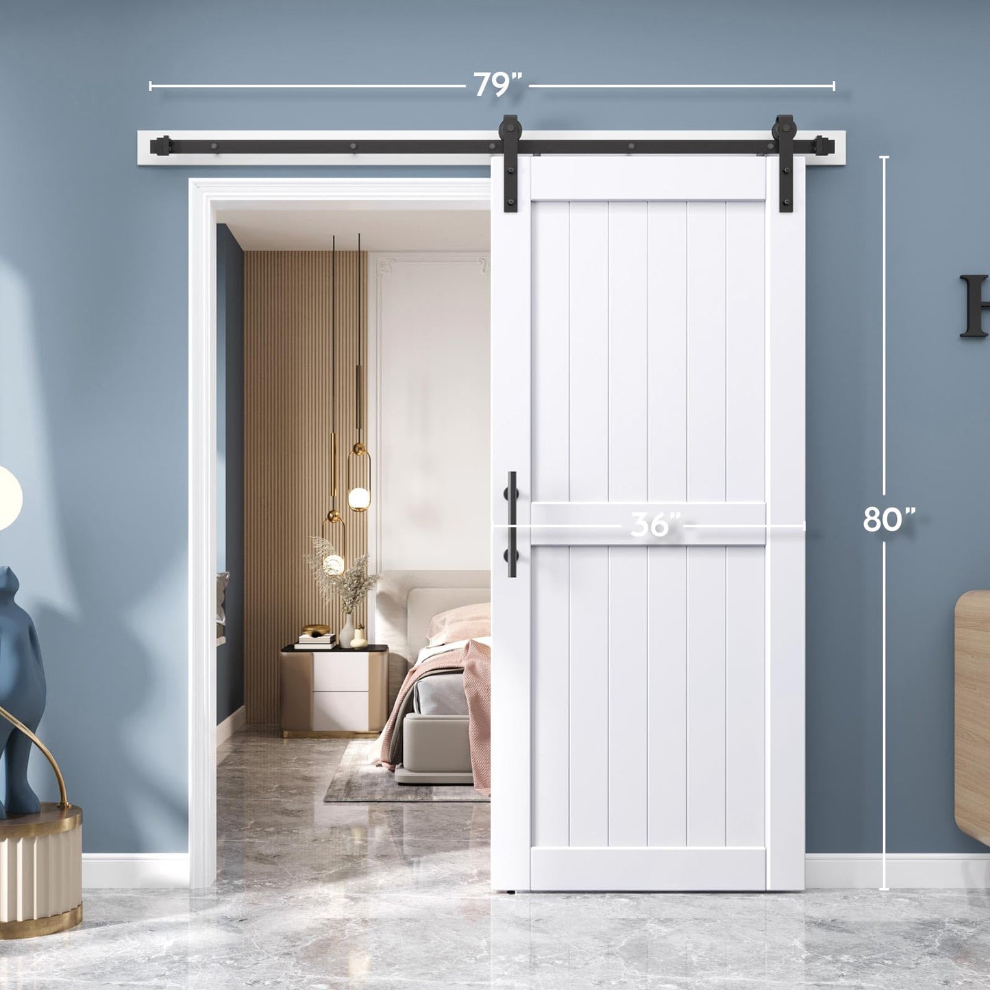 EaseLife 36 x 80 inch White Barn Door with 6.6FT Sliding Door Hardware Kit Included & Handle,Solid Wood Covered with Waterproof PVC Surface,DIY Assemblely,Easy Install,H-Frame,Fit 32-34in Wide Opening