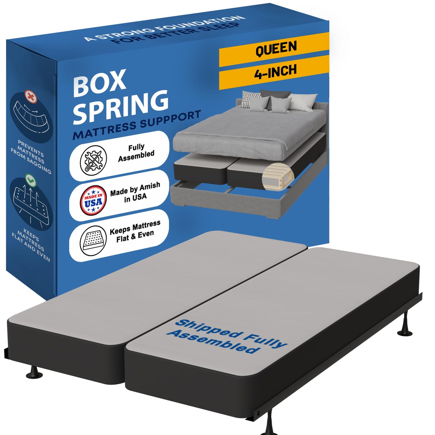Greaton, Box Spring Bed Base Queen Size, 4-Inch Wood Mattress Foundation – Amish Made in USA – Quiet Noise Free, 2-Pieces Under Mattress-Support BoxSpring, Fully Assembled, Gray