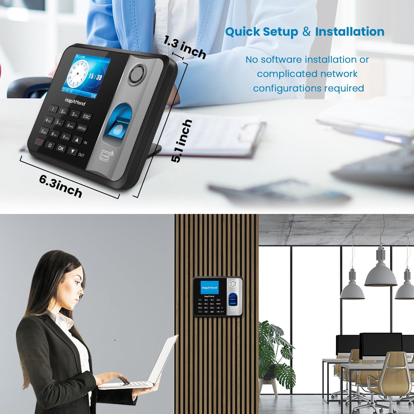 HapAttend Time Clocks for Employees Small Business Automatic Calculate Hours, H1＆ H2 No Monthly Fees Fingerprint Time Clock, Standalone Biometric Clock in Machine for Employees with 5 RFID Cards