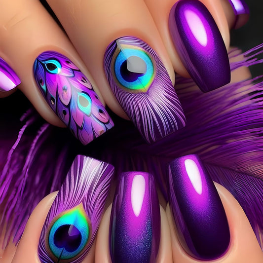 CJDLTS 24Pcs Purple Peacock Feather Pattern Design Acrylic Ballet Shaped Glitter Nails, Full Cover Coffin Nails, Glossy, Press On Nails, Medium Length, 1 Box, 24 Pieces