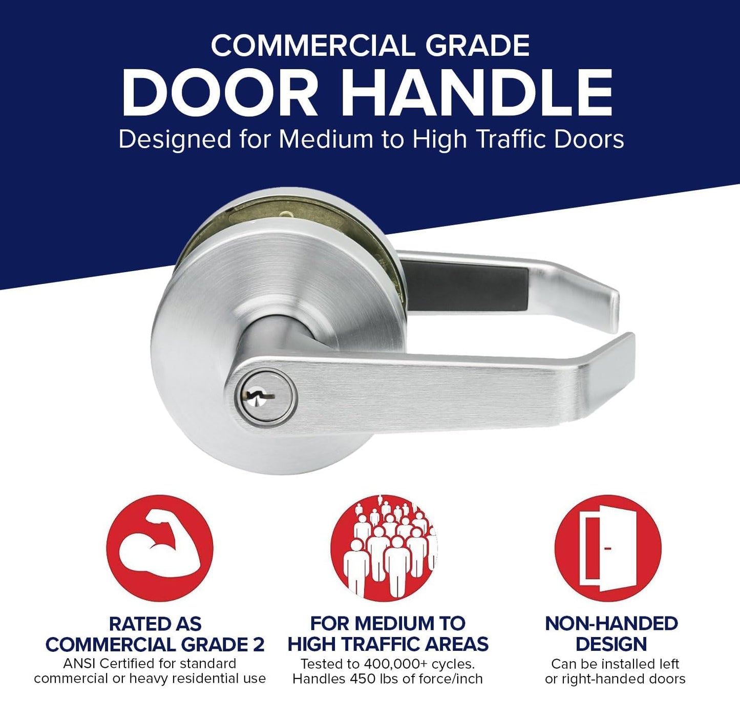 Lawrence Commercial Lever Door Lock - Heavy Duty Locking Commercial Door Handle Keyed Entry, Grade 2 Door Handle with Lock and Key - Brushed Chrome, Storeroom Function Embassy Series