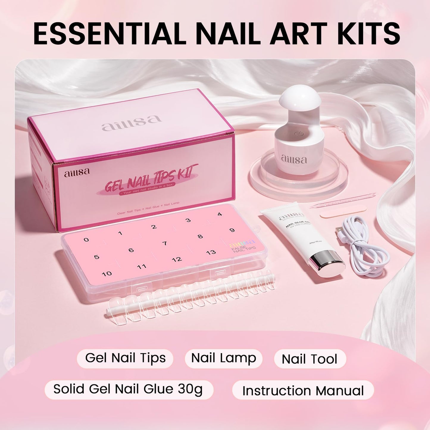 AILLSA Gel Nail Tips Kit Medium Coffin Nail Tips 224pcs, Upgrade Nail Glue Gel 30g for False Nail Tips, Gel Nail Kit with U V Lamp for Women Starters