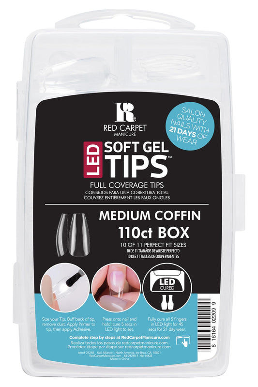 RC Red Carpet Manicure Soft Gel Tips - Full Coverage, Flexible, Break-Resistant, 21-Day Wear, UV/LED Cured Gel Adhesion for Natural Look (Medium Coffin, 110 Count)
