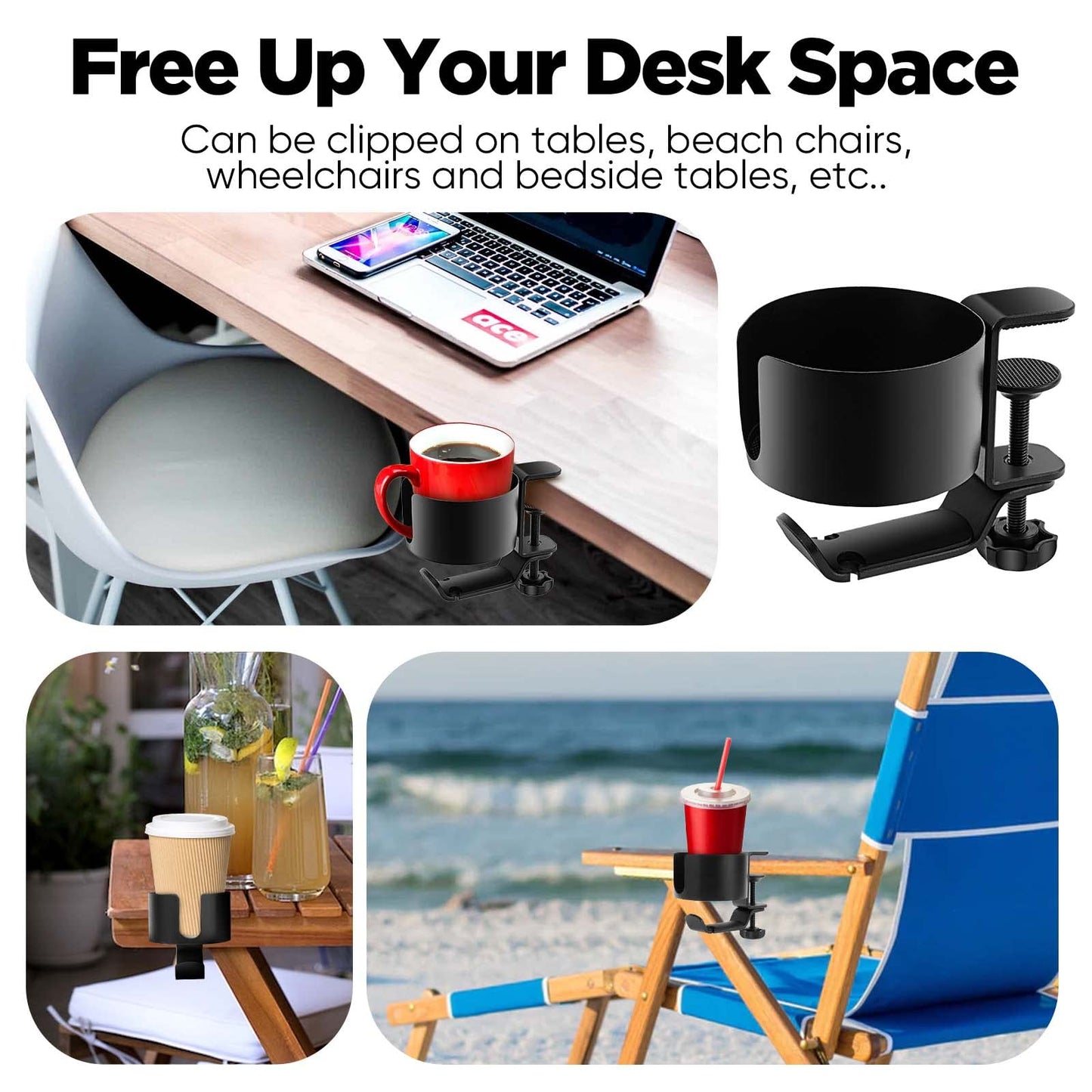OOKUU 2 in 1 Desk Cup Holder with Headphone Hanger, Anti-Spill Cup Holder for Desk or Table, Easy to Install, Sturdy and Durable, Enough to Hold Coffee Mups, Water Bottles, Headphones