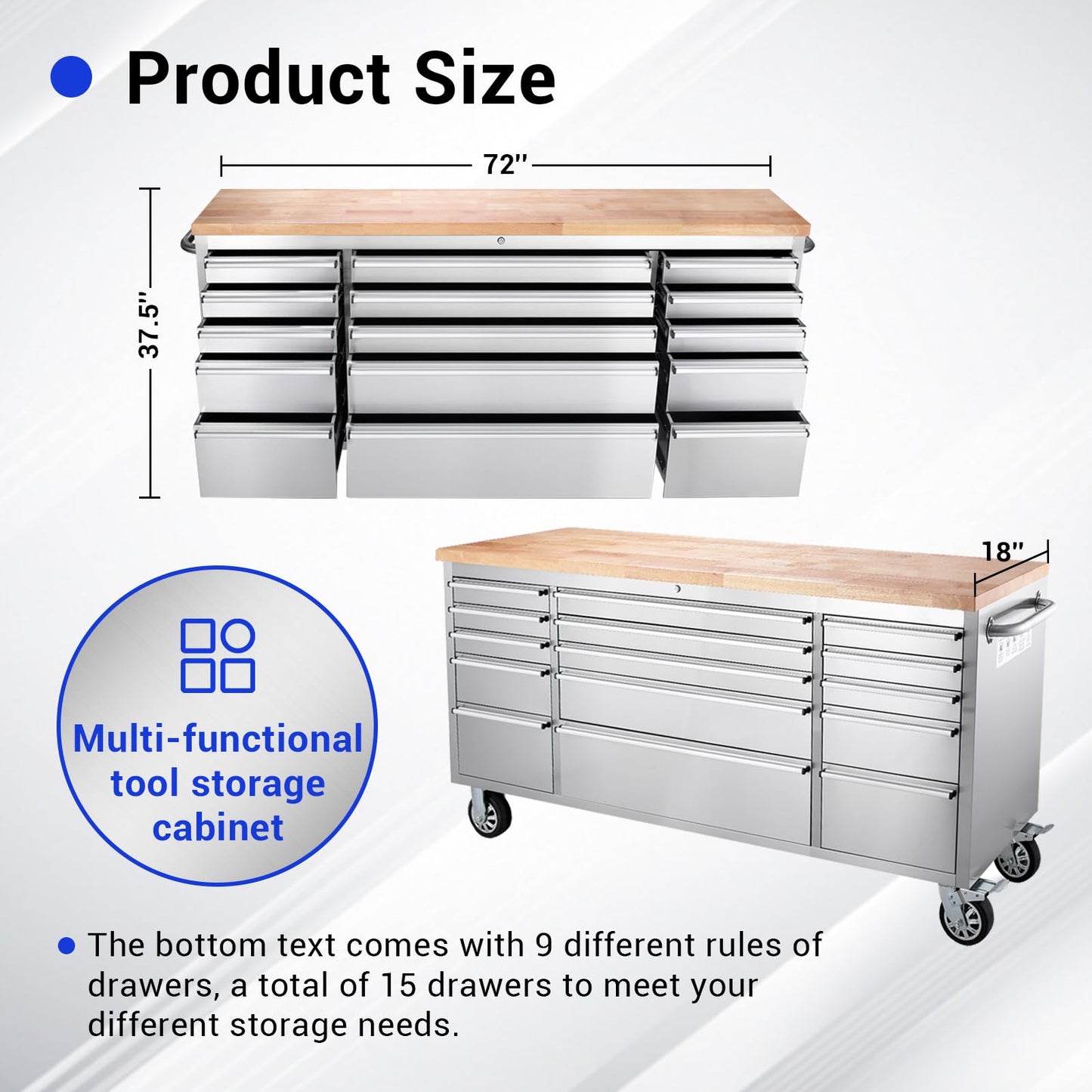 CHETTO C 72 inch Tool Chest Tool Box Mobile 15 Drawers Storage Rolling Cabinet with Wheels Lock Key Locking System Drawer Liners for Garage Warehouse Repair Shop