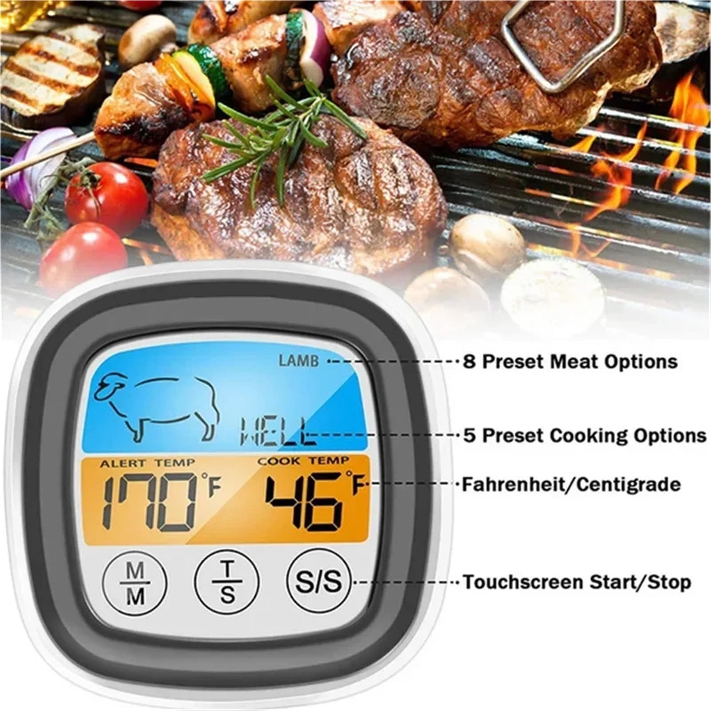 Digital Meat Thermometer for Oven Remote Read LCD Digital Food Thermometer Meat Probe Kitchen Cooking BBQ(Red)
