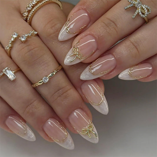 24Pcs White French Tip Press on Nails Medium Almond Fake Nail 3D Gold French Line Pink Nails Glossy Designs Full Cover Stick on Nail Acrylic Glue on Nail Chrome False Nails for Women Manicure Salon