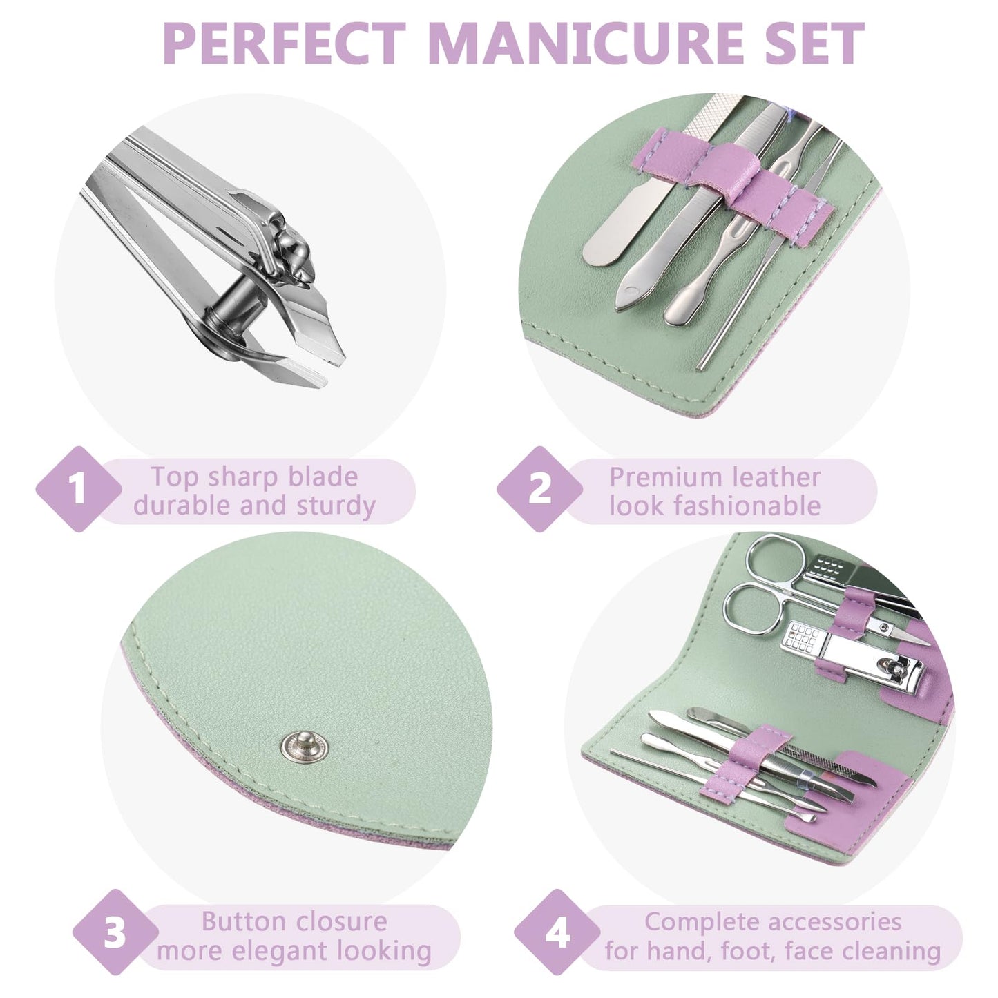 Lanties 12 Set Manicure Set Bulk Mini Manicure Nail Clipper Kit 7 in 1 Stainless Steel Professional Nail Care Pedicure with Travel Portable Bag Grooming Kits for Women Men Home(Purple)