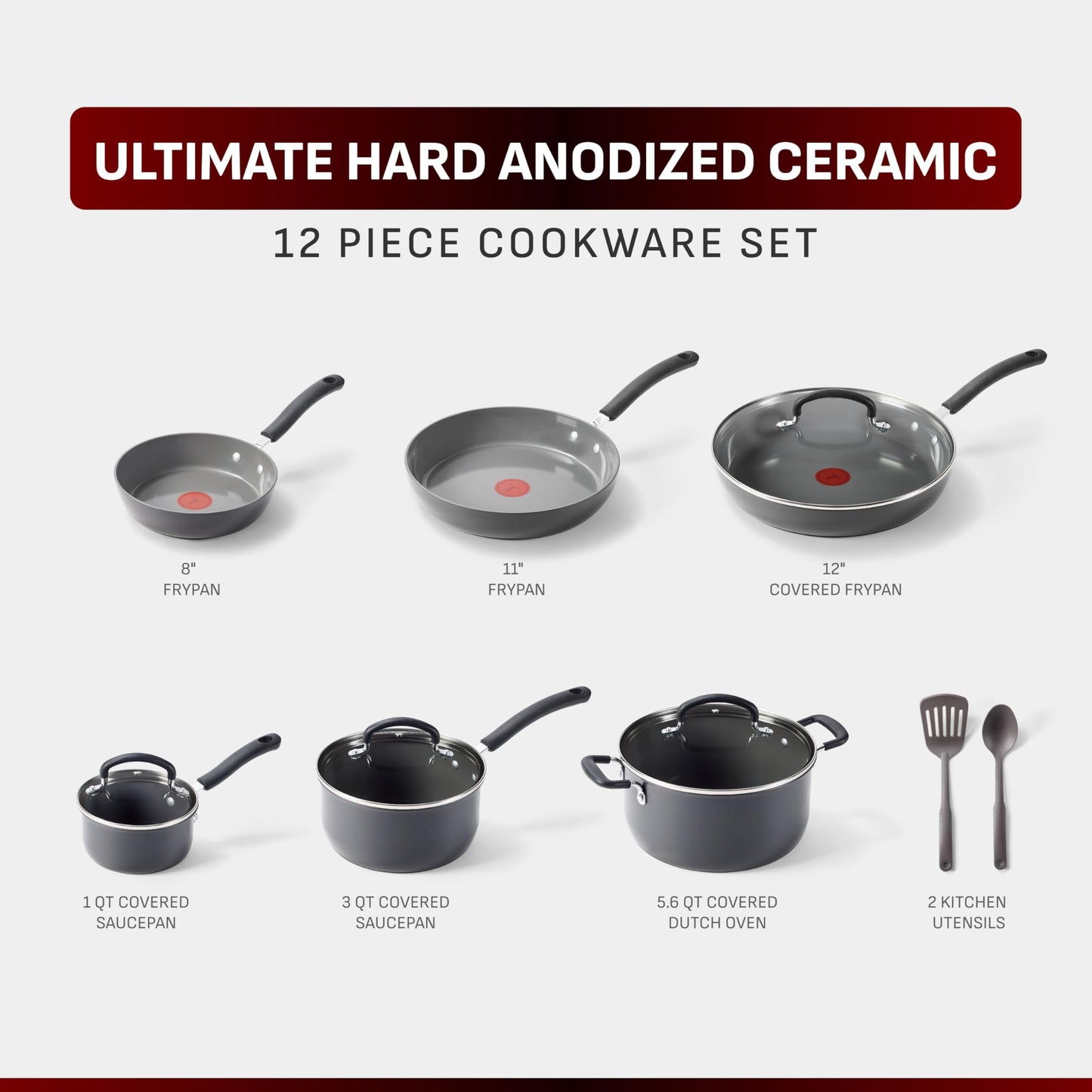 T-Fal Ultimate Hard Anodized 12-Piece Ceramic Nonstick Cookware Set, Oven Safe Up to 400°F, Ceramic Pots and Pans Set, Frying Pans, Saucepan, Stockpot, Cooking Utensils, Grey