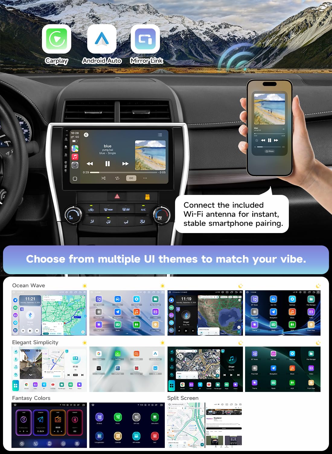 Roadanvi Android 14 6G+128G Car Radio for Toyota Camry 2015 2016 2017 Wireless Carplay Android Auto Car Stereo GPS Navigation WiFi 4G LTE 10.2" QLED Touch Screen Head Unit Bluetooth 5.2 DTS X14