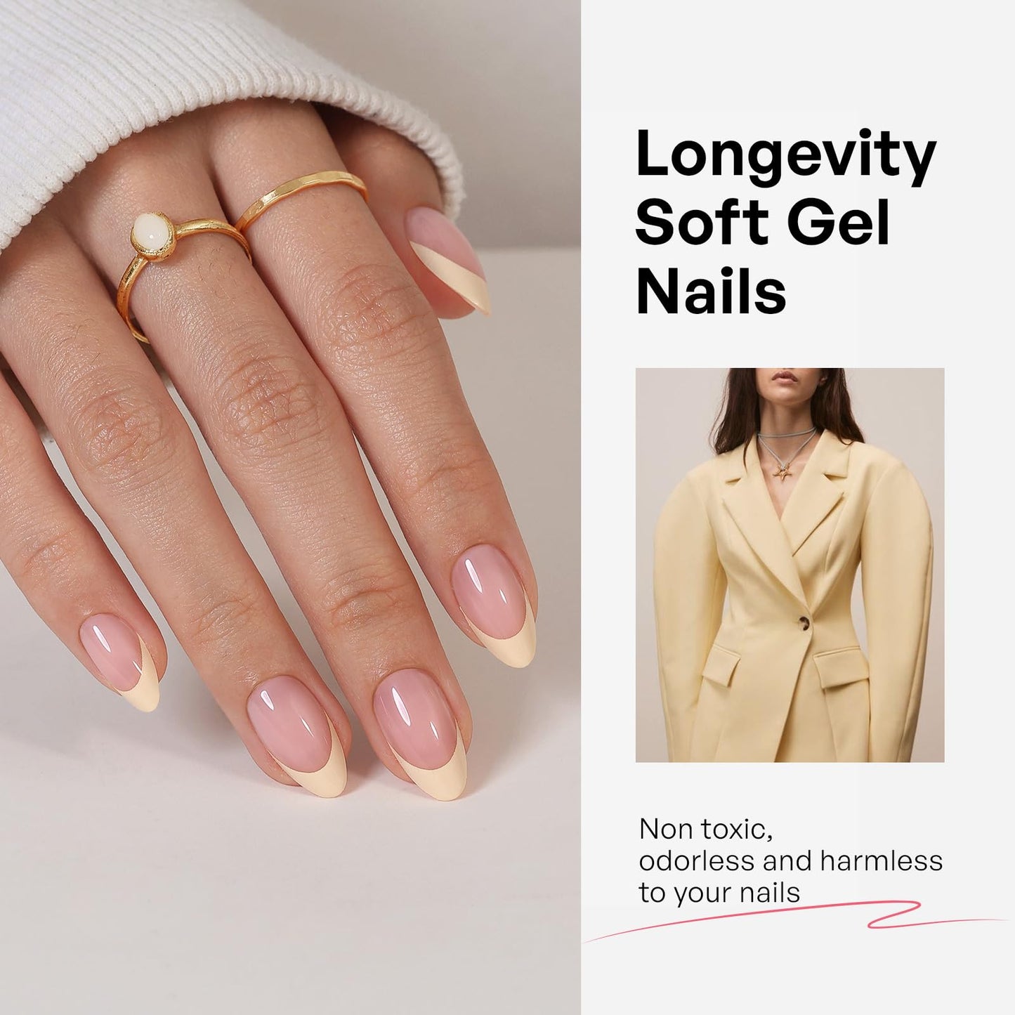 Butter Yellow French Tip Press on Nails - GJZEZ Soft Gel Spring Fall Short Almond Glue on Nails, Long Lasting Salon Perfect Handmade Cute Fake Nail Press Ons | 16 Sizes - 32 Reusable Nail, Buttermilk
