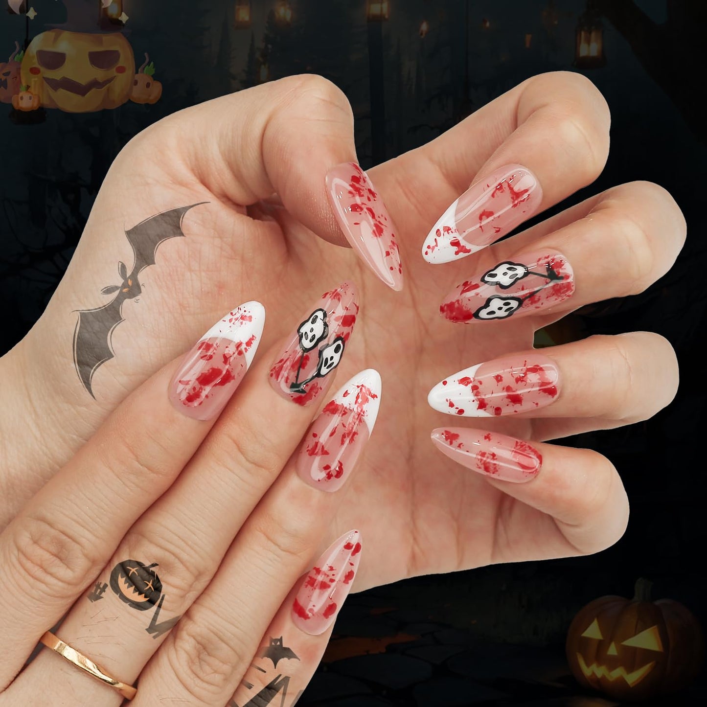 Yacey Halloween Handmade Press on Nails Medium Almond, Reusable Muti-Gel False Nails Press Ons, Horror Blood Design French Tips Thick Acrylic Fake Nails, 3D Glue on Nails for Women Girls (10 Pcs, S)