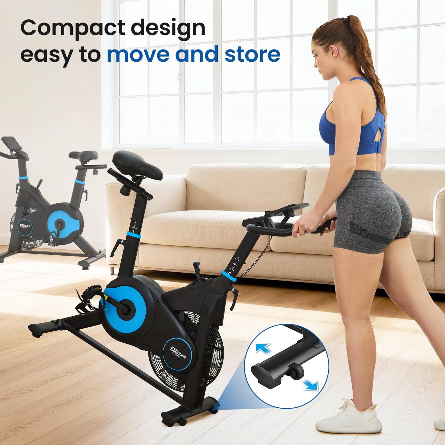 ERGOLIFE Air + Magnetic Resistance Exercise Bike, Stationary Fan Bike with Exclusive App, 8 Resistances Indoor Cycling with 300lbs Weight Capacity & Tablet Holder for Weight Loss