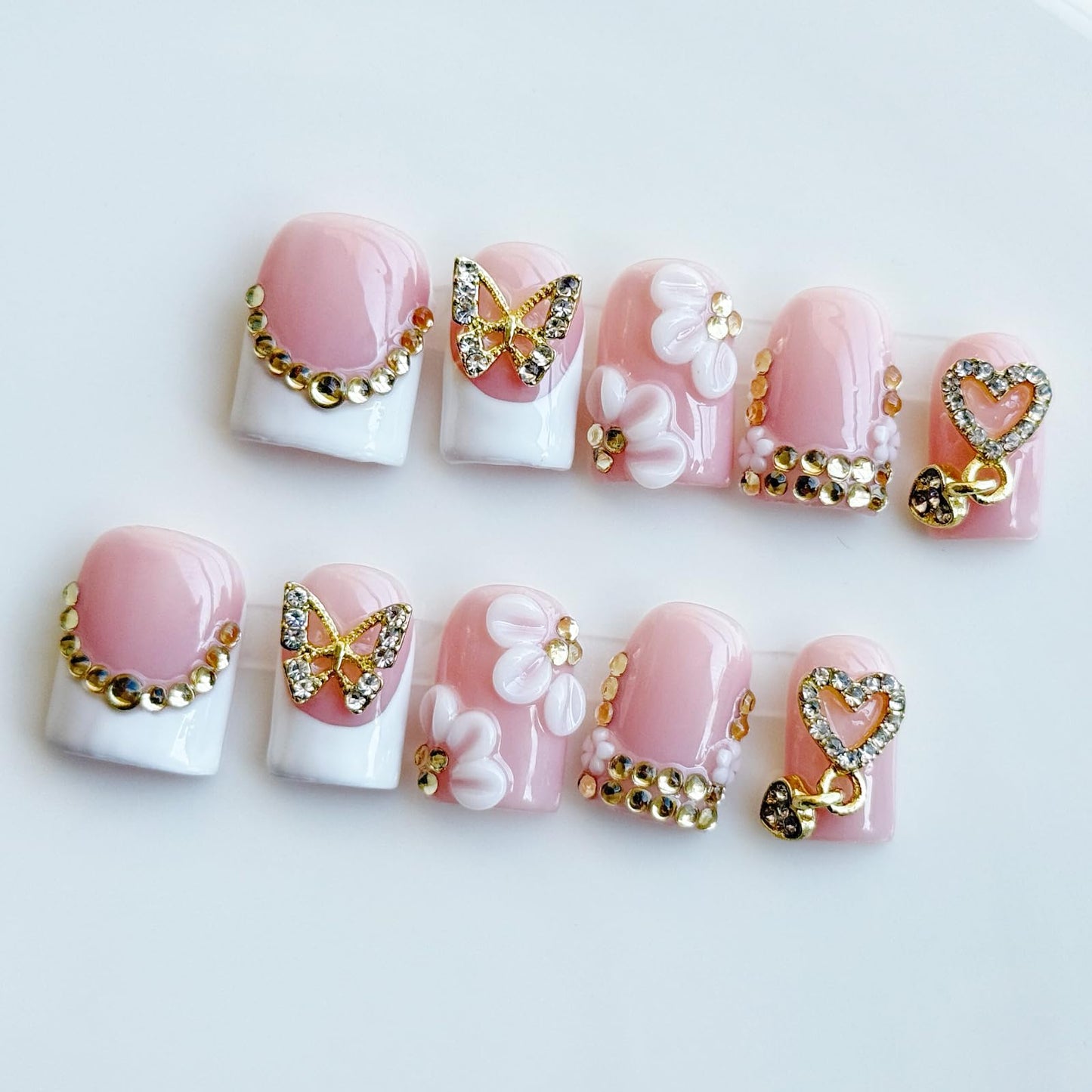 Haozerart Handmade Short Square Press On Nails, Duck Shape Fake Nails, White French Style with Luxury Golden Butterfly & Rhinestones, Reusable Nails Kit, 10Pcs Medium Size for Women