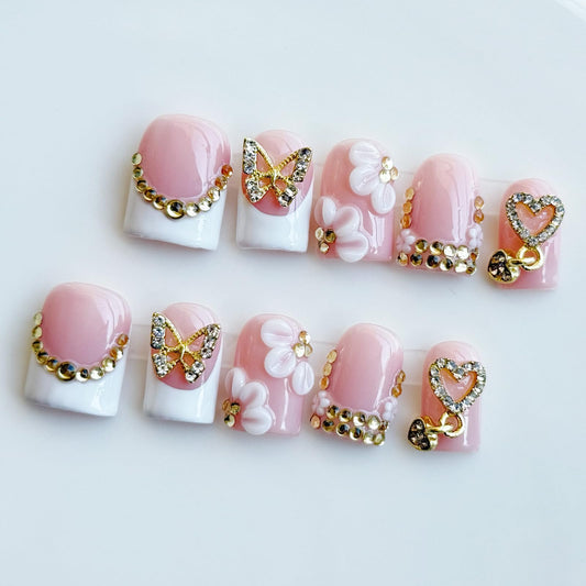 Haozerart Handmade Short Square Press On Nails, Duck Shape Fake Nails, White French Style with Luxury Golden Butterfly & Rhinestones, Reusable Nails Kit, 10Pcs Medium Size for Women