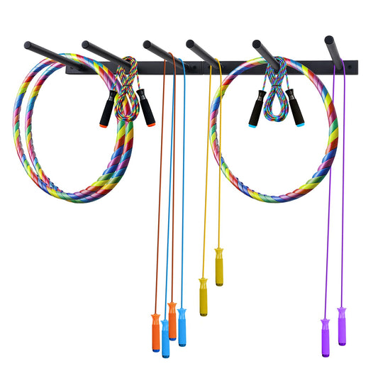 YOVXKAN Wall Mounted Jump Rope Rack - 6 Peg Heavy-Duty Metal Gym Organizer for Resistance Bands, Hoops, and Ropes - Black Finish - Home/Gym Storage